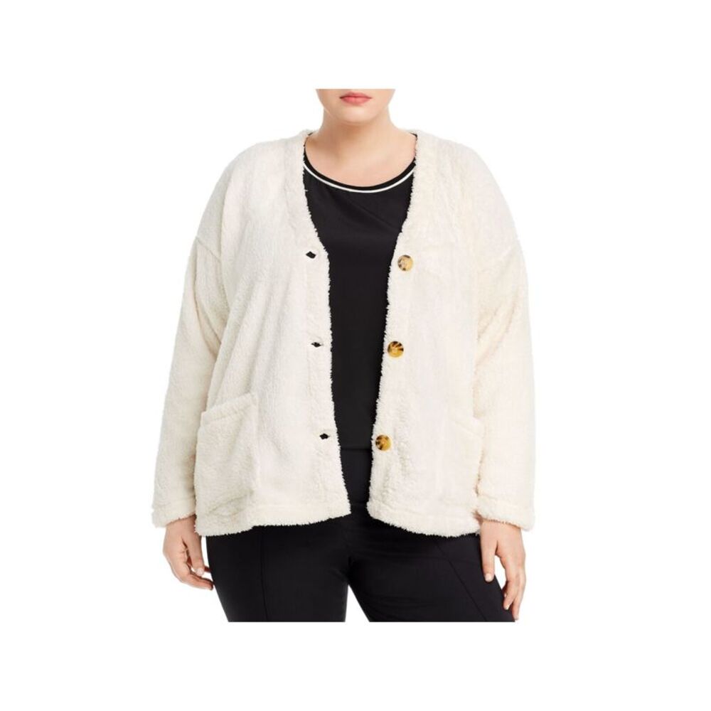 BOBEAU Womens Ivory Faux Shearling Cardigan Button Up Sweater Plus 2X